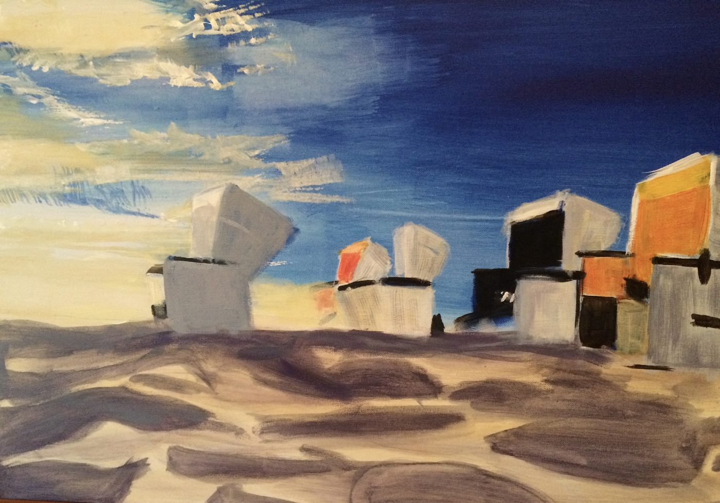 Acrylgemälde „Abendstimmung“ von Beate Schaefer – Abendstimmung am Strand mit Strandkörben in warmen Tönen