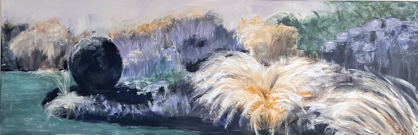 Acrylgemälde „Autum Park“ von Beate Schaefer – Herbstlicher Park mit Grün- und Blautonen