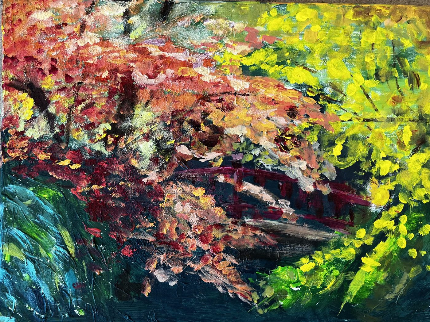Acrylgemälde „Autumn Leaves“ von Beate Schaefer – Herbstblätter in leuchtendem Rot und Gold