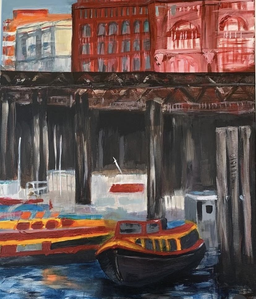 Acrylgemälde „Barges of Hamburg“ von Beate Schaefer – Lastkähne im Hamburger Hafen