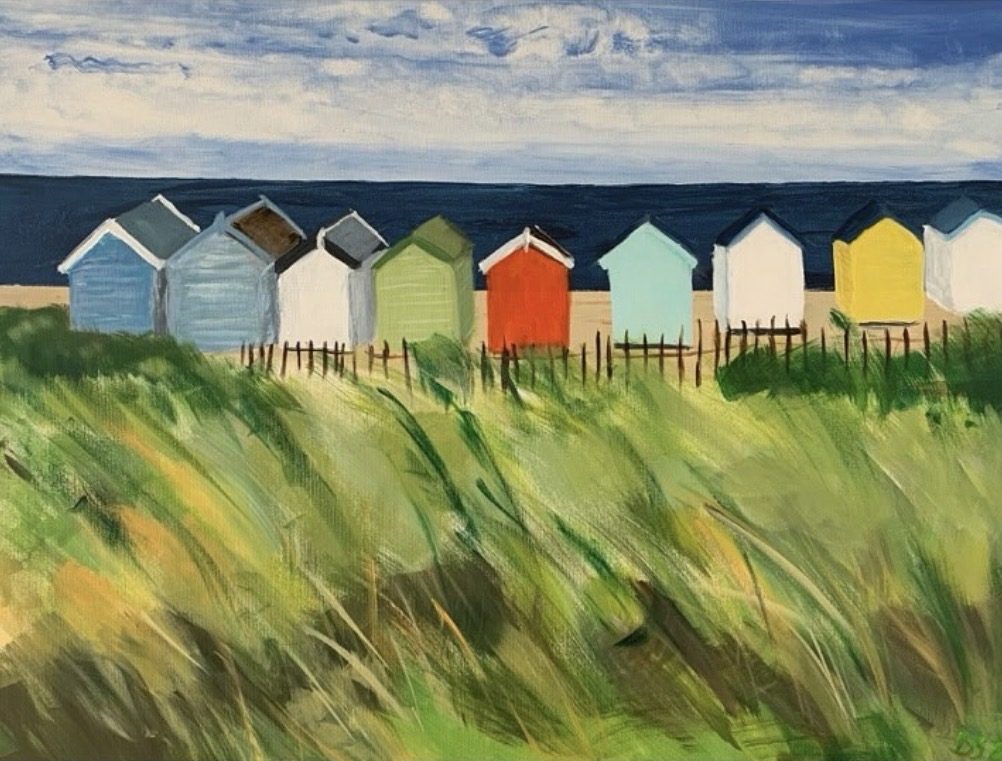 Acrylgemälde „Beach Houses“ von Beate Schaefer – Farbenfrohe Strandhäuser an der sonnigen Küste