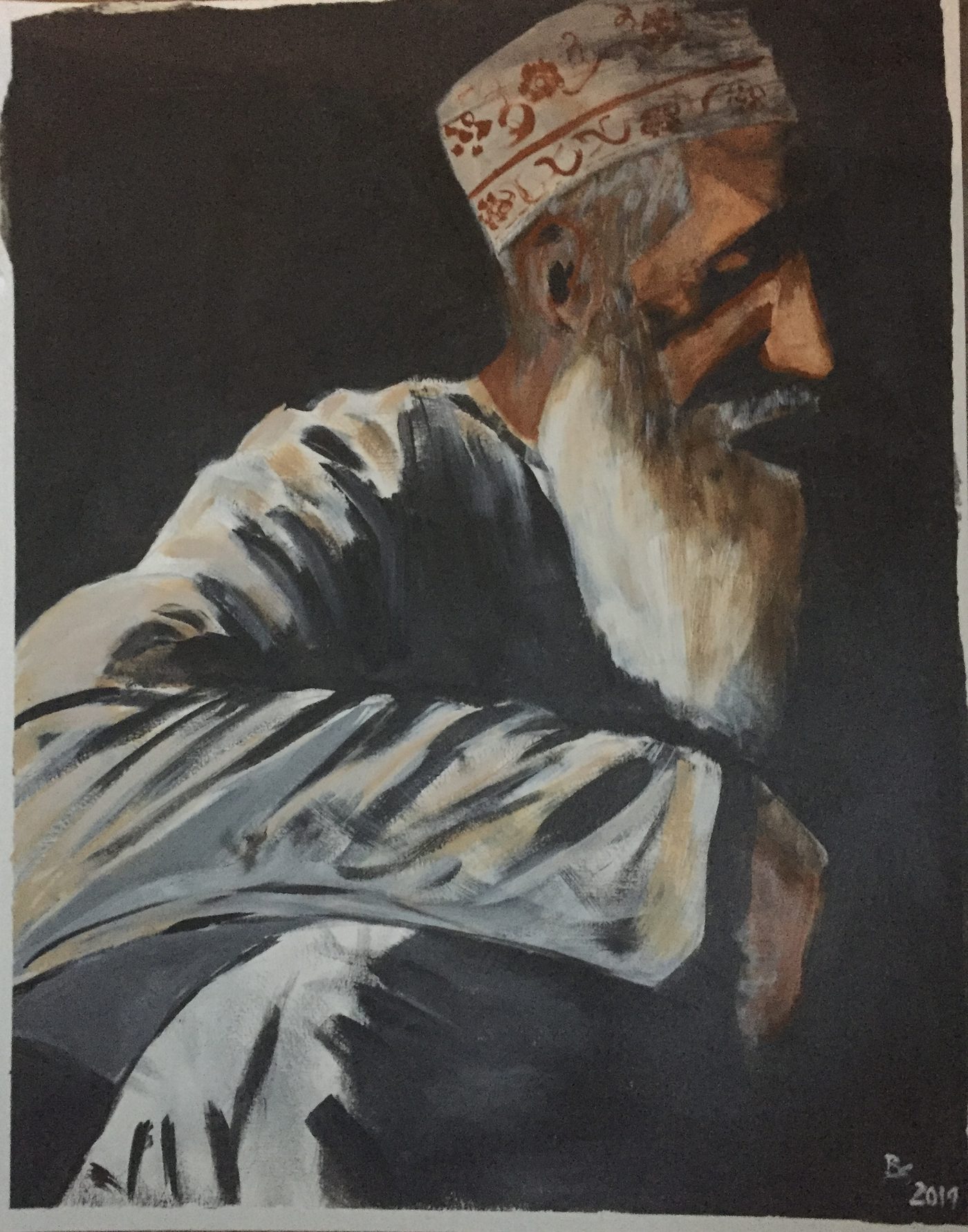 Acrylgemälde „Der Teetrinker“ von Beate Schaefer – Figur beim Teetrinken in ruhiger Haltung