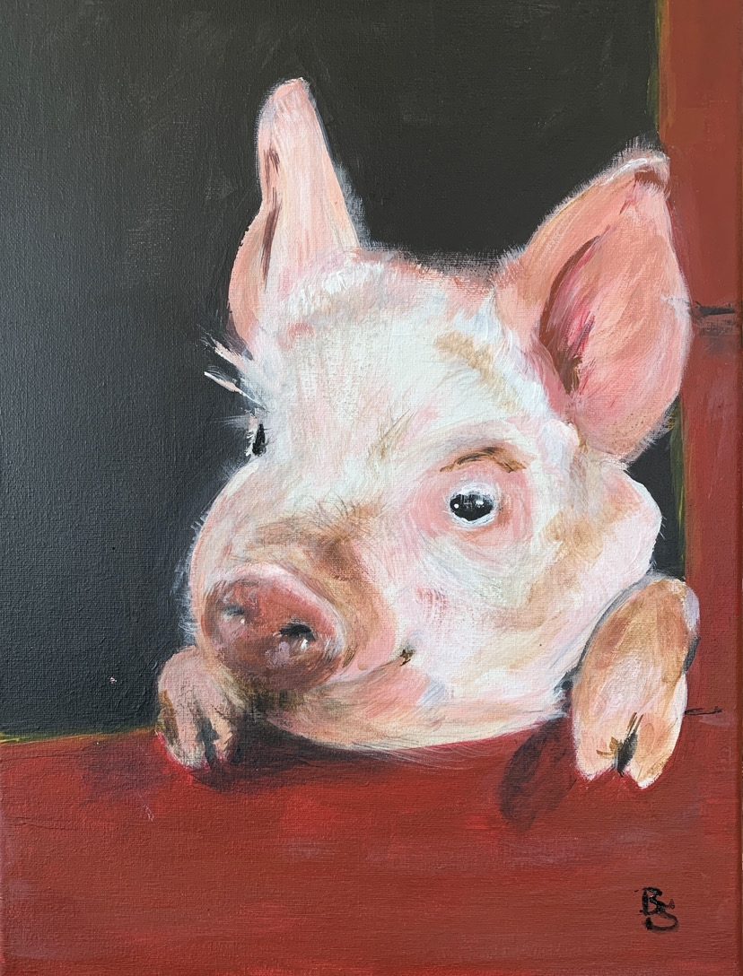 Acrylgemälde „Happy Pig“ von Beate Schaefer – Niedliches Ferkel in kräftigen Rosa- und Rot-Tönen