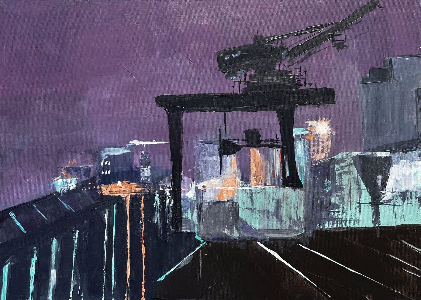 Acrylgemälde „Harbor Crane“ von Beate Schaefer – Hafenkran am Hamburger Hafen bei Nacht