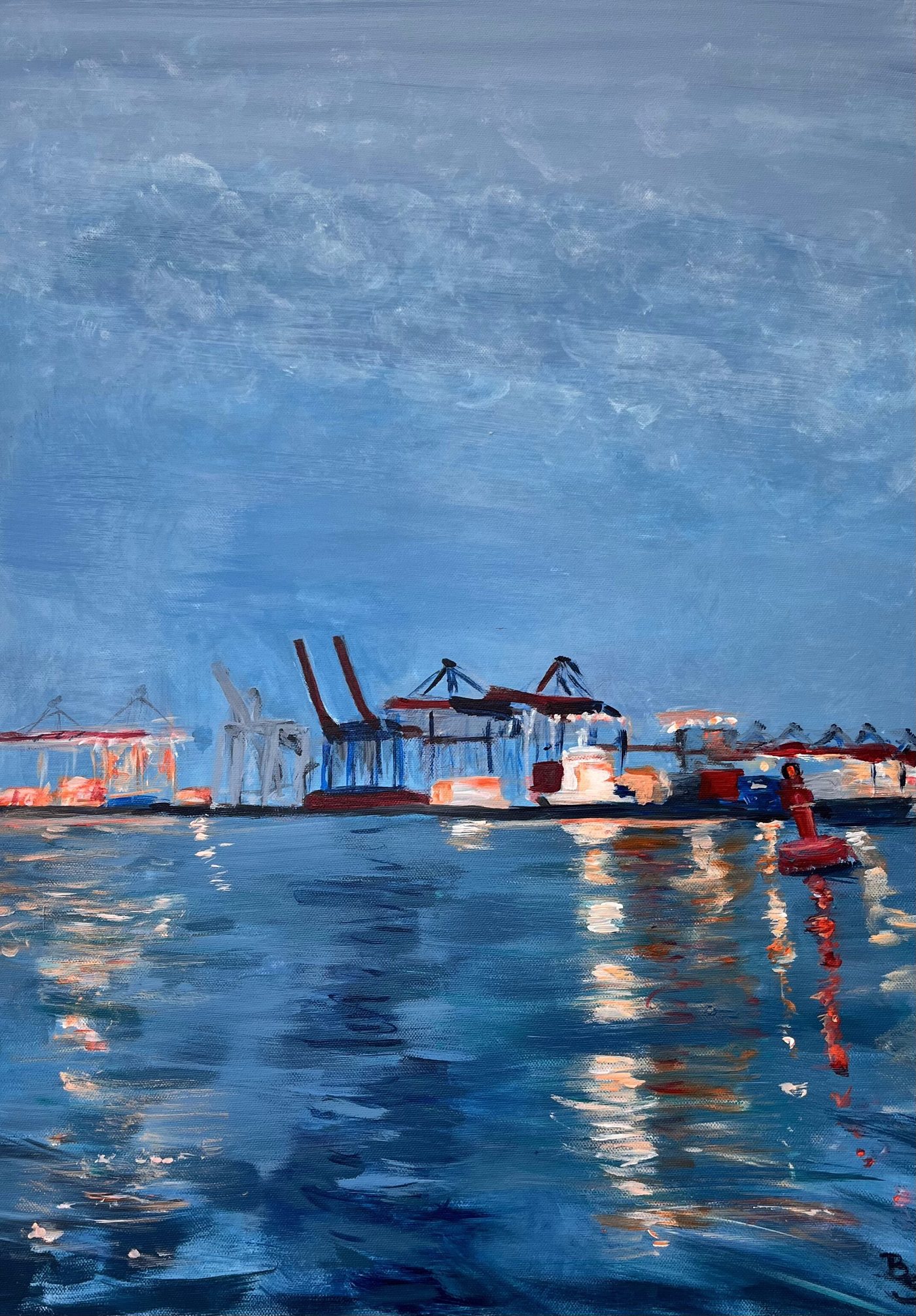Acrylgemälde „Harbor Lights“ von Beate Schaefer – Lichter des Hamburger Hafens bei Nacht