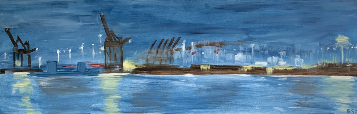 Acrylgemälde „Harbor Nights“ von Beate Schaefer – Hamburger Hafen in nächtlicher Stimmung