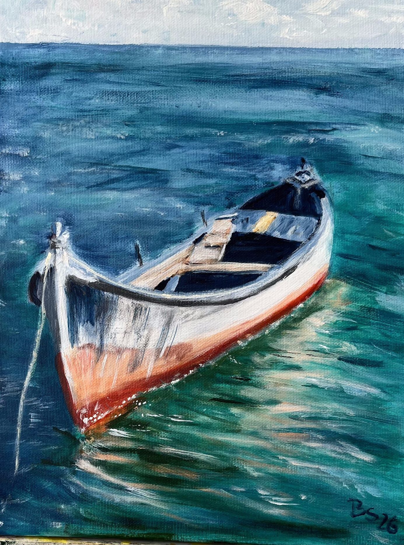 Acrylgemälde „Have a Break“ von Beate Schaefer – Liegendes Holzboot auf stillem Wasser