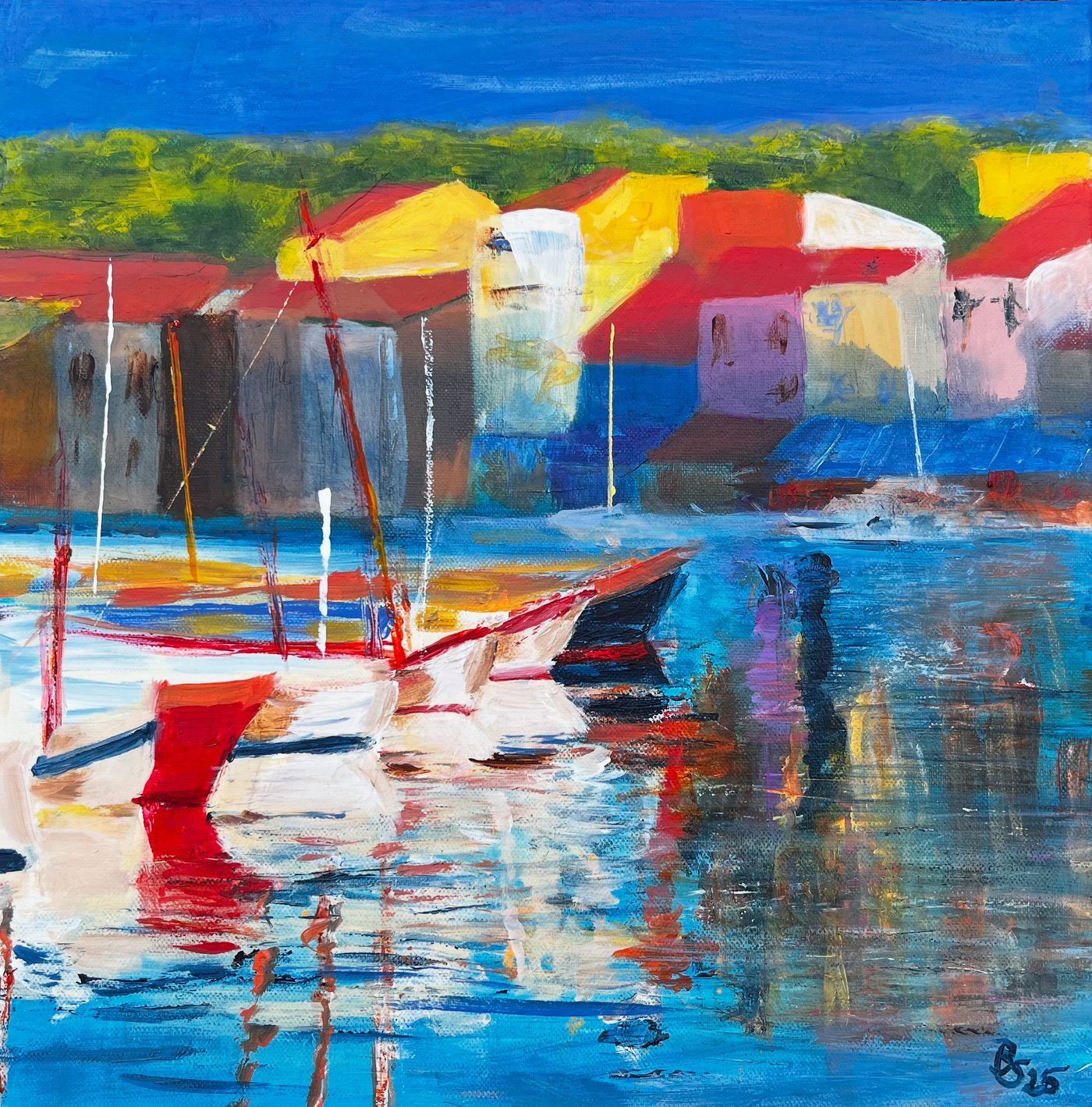 Acrylgemälde „Holidays“ von Beate Schaefer – Farbenfrohe Darstellung eines Urlaubsortes am Wasser