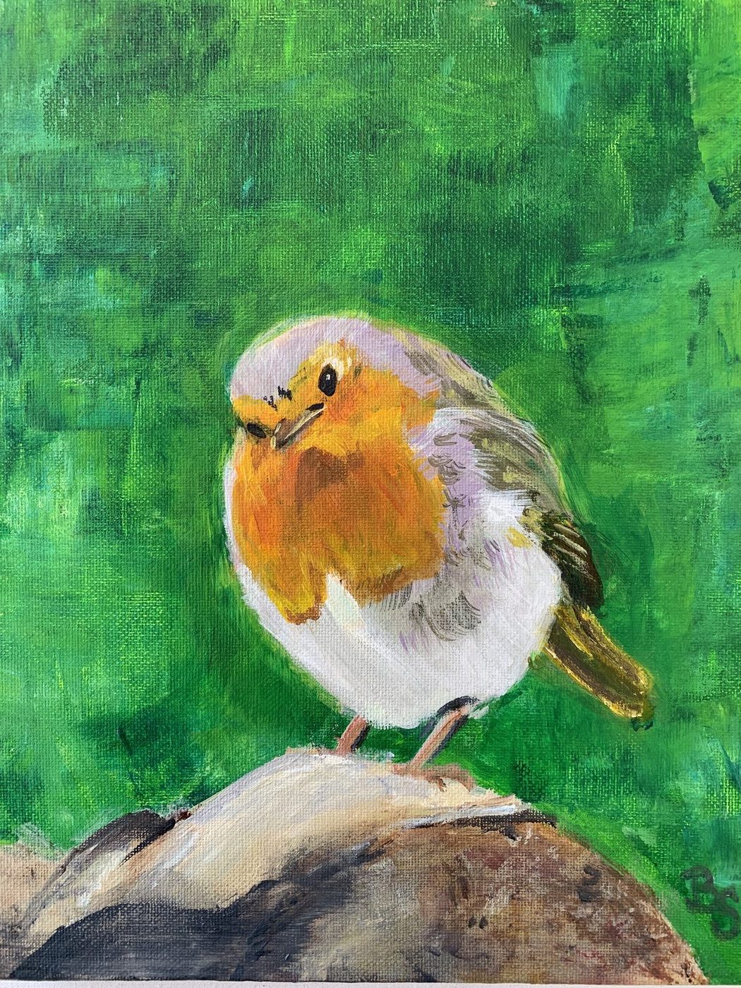 Acrylgemälde „Robin“ von Beate Schaefer – Rastendes Rotkehlchen vor sattem grünen Hintergrund