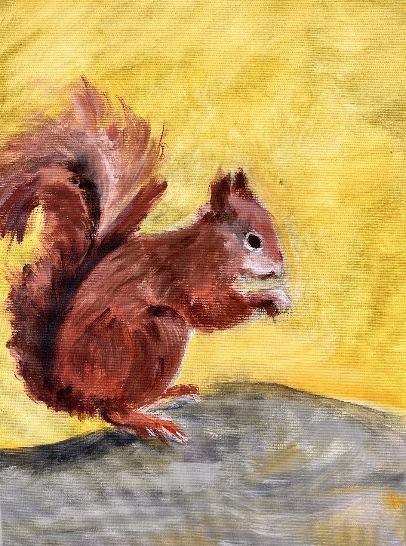 „Squirrel“ von Beate Schaefer – Eichhörnchen im Profil vor gelbem Hintergrund