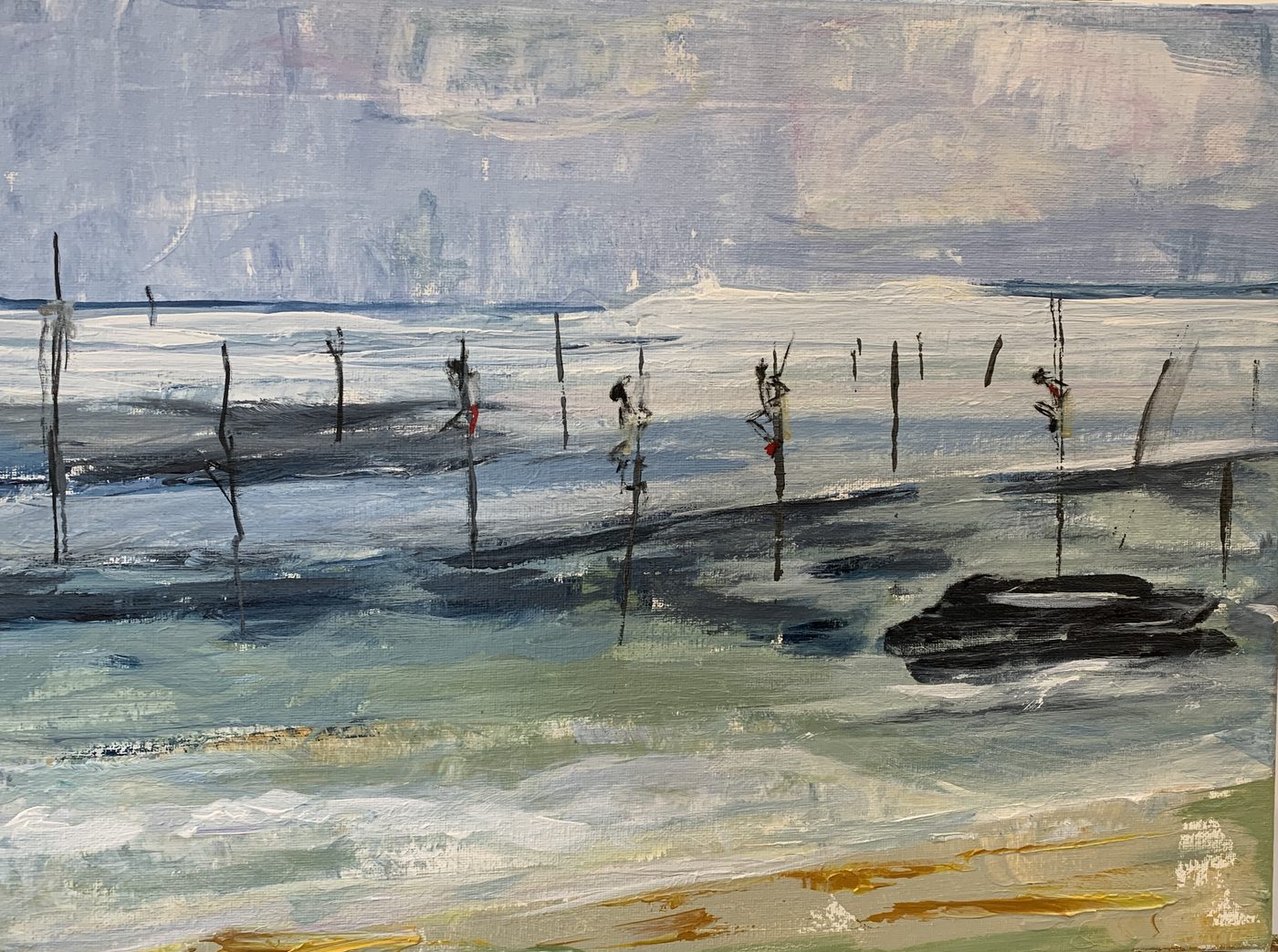 Acrylgemälde „Stilt Fisher“ von Beate Schaefer – Stelzenfischer beim Angeln im Wasser