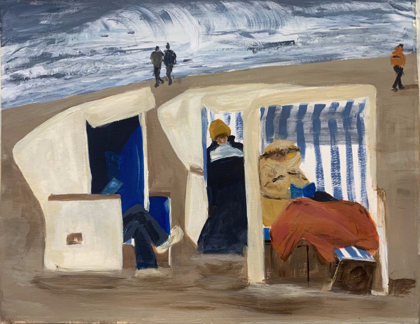 Acrylgemälde „Stormy Day“ von Beate Schaefer – Warm eingehüllte Personen in Strandkörben am stürmischen Tag am Strand