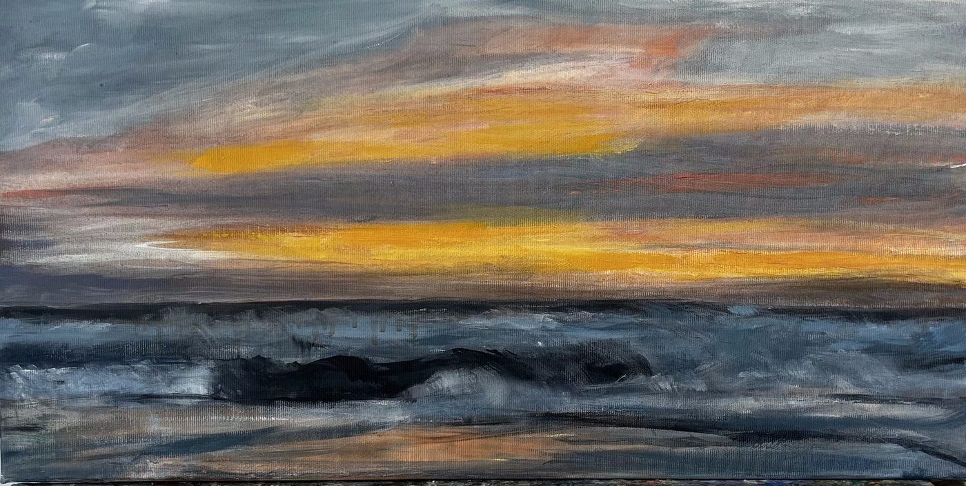 Acrylgemälde „Sundowner“ von Beate Schaefer – Szene eines Sonnenuntergangs am Meer in dunklen Tönen