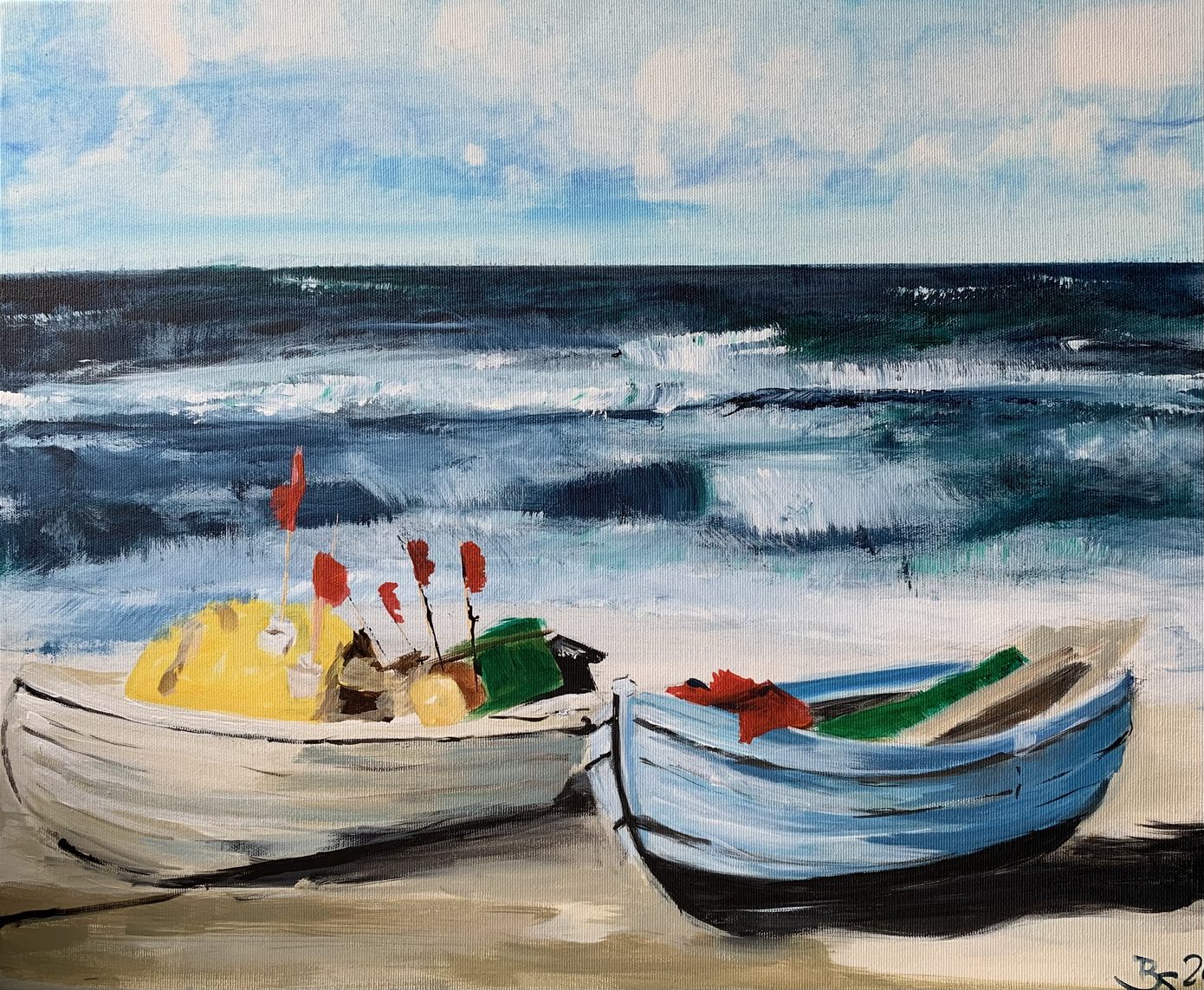 Acrylgemälde „Two Boats“ von Beate Schaefer – Zwei am Strand liegende Holzboote in satten Blau-Tönen