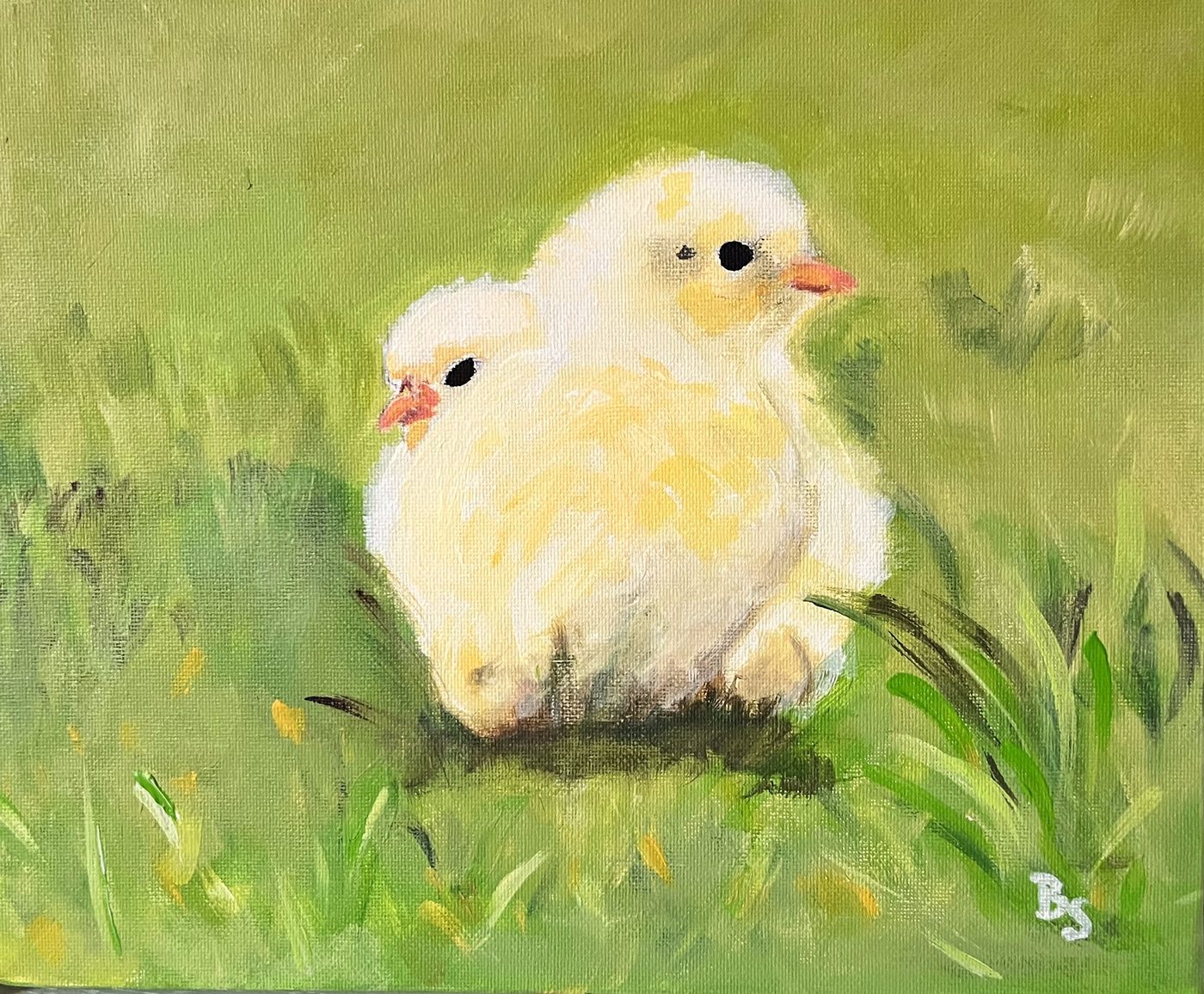 Acrylgemälde „Two Grasshoppers“ von Beate Schaefer – Zwei Küken auf einer Sommerwiese