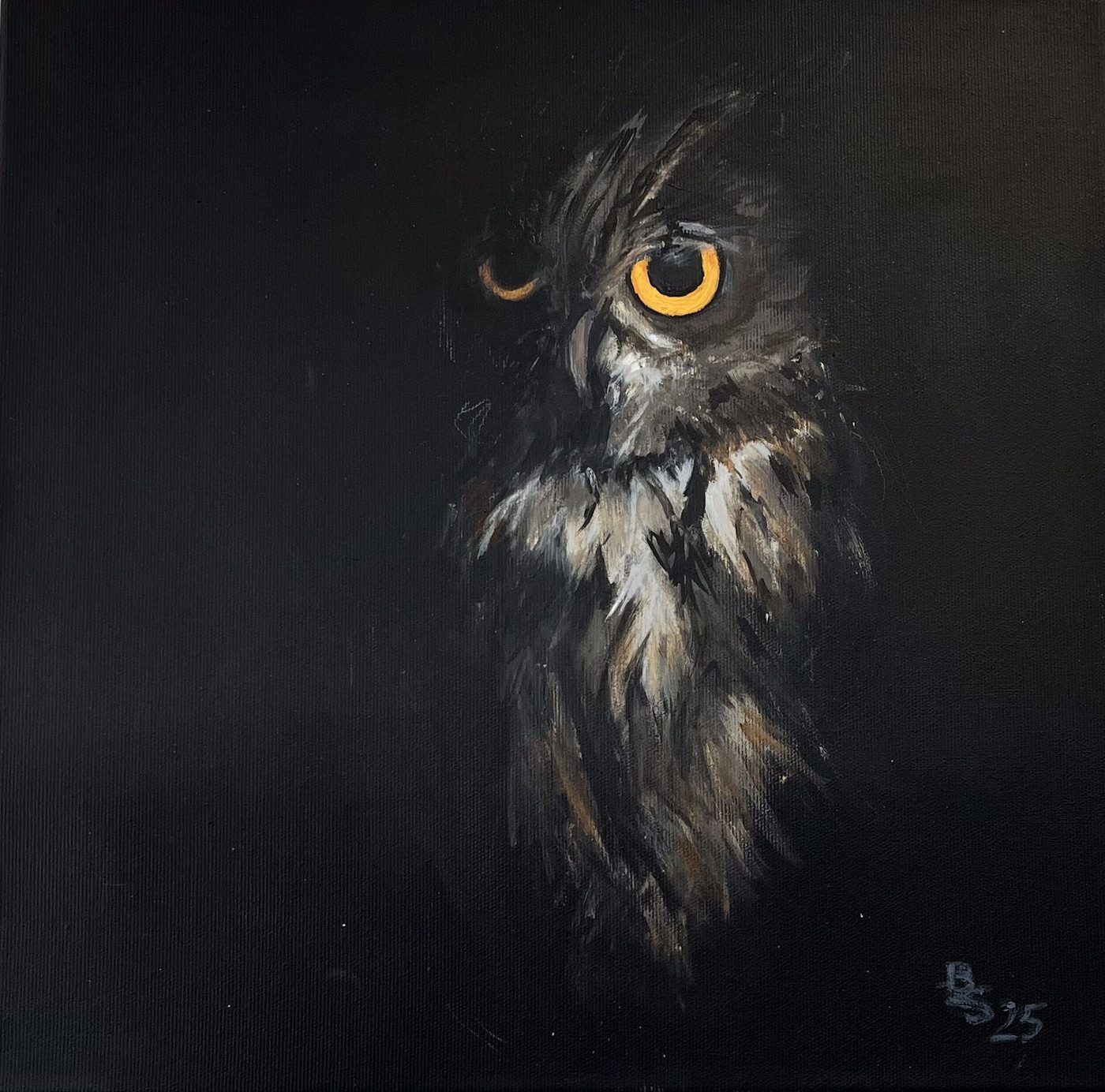 Acrylgemälde „Uhu“ von Beate Schaefer – Uhu in dunkler Umgebung