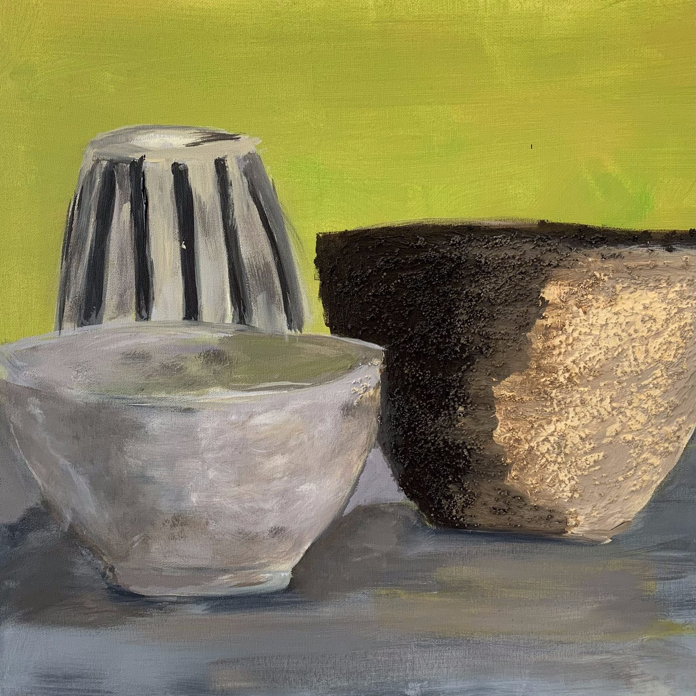 Acrylgemälde „Vase & Pots“ von Beate Schaefer – Vase und Töpfe als Stillleben