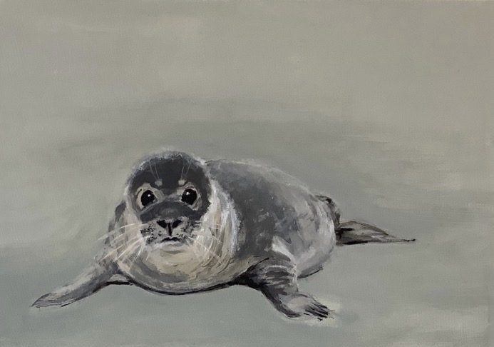 Acrylgemälde „Young Seal“ von Beate Schaefer – Junger Seehund am Strand